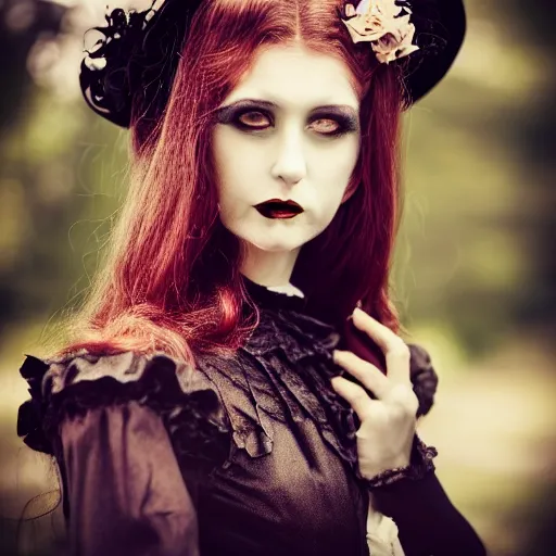 Image similar to A beautiful portrait of a lady vampire, victorian, '20, ominous, dracula, photography, 35mm, depth of field, bokeh, soft light, cinematic