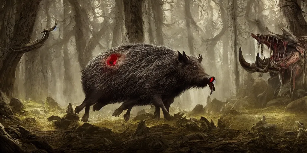 Image similar to giant wild boar with bloody eyes and many tusks, in dark woods, dim colors, forest, highly detailed illustration, masterpiece, fantasy, magical, hyperdetailed, realistic, witch fairytale, 4 k, 8 k, highly detailed matte painting, dungeons and dragons