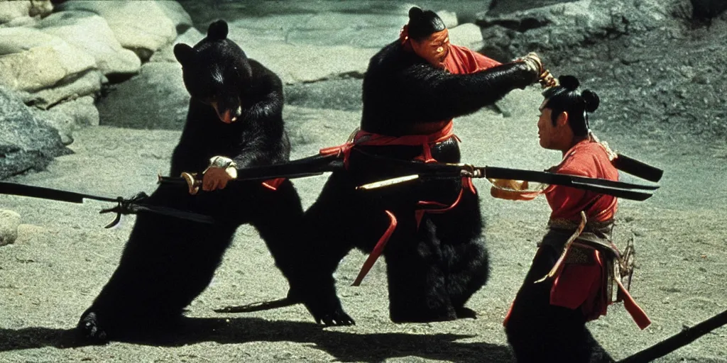 Image similar to scene from Shogun’s Shadow, 1989, movie still, cinematic, anthropomorphic, half man half asian black bear, black bear samurai, Moon Bear Samurai, epic, samurai