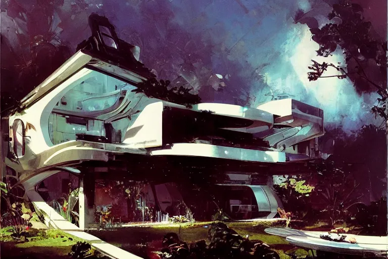 Image similar to retro futuristic house by syd mead, john berkey, jeremy mann, carl spitzweg, james gurney, science fiction