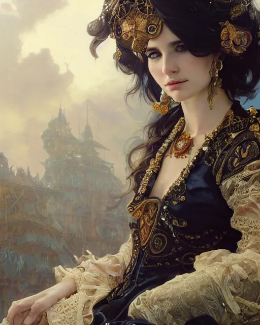 Image similar to a beautiful close up portrait of a pirate sitting with elegant looks, leather clothing, ornate costume and flowing magic all around, intricate and soft by ruan jia, tom bagshaw, alphonse mucha, krenz cushart, beautiful pirate ruins in the background, epic sky, vray render, artstation, deviantart, pinterest, 5 0 0 px models