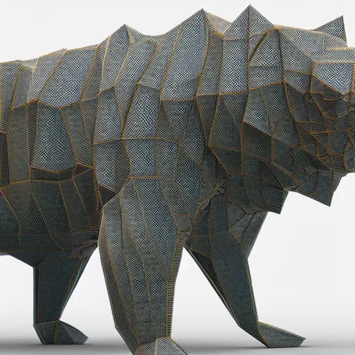 Image similar to polygonal fractal tiger, highest quality and details setting, concept art, 3d render, trending on artstation