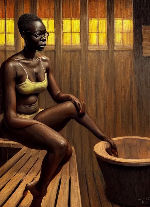 Prompt: danai gurira in finnish sauna, backround dark, highly detailed, digital illustration, trending in artstation, modern painting, smooth, sharp focus, intricate, einar jonsson, ilya repin