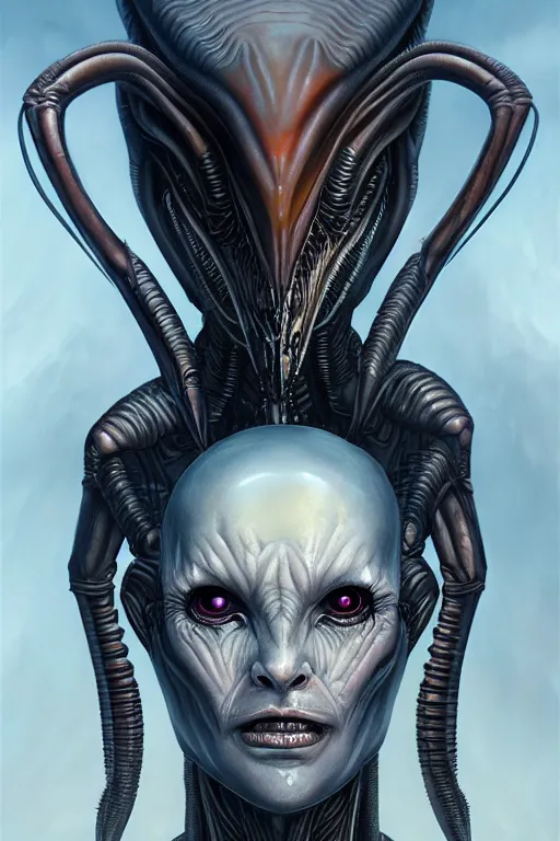 Image similar to Alien Queen full length portrait, evening, detailed matte painting, Giger, Artstation