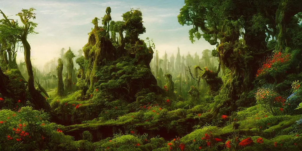 Prompt: A Beautiful Painting of an Overgrown Fantasy Land by Steven Belledin, Michael Whelan, Martin Johnson Heade, Caspar David Friedrich and Ivan Shishkin