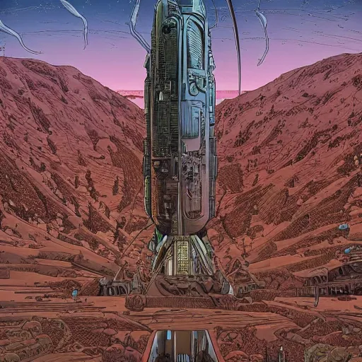 Image similar to an epic horrifying fantastic hyperdetailed matte painting beautiful retro sci fi landscape, by moebius by geoff darrow by dan mumford