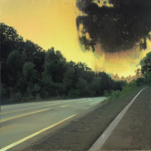 Prompt: overgrown highway, michael pangrazio, golden hour