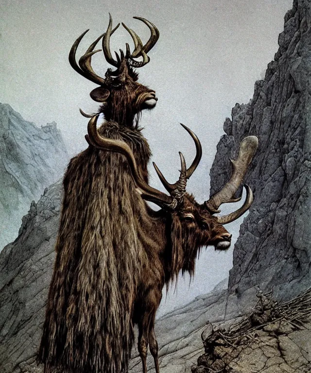 Prompt: A detailed horned antelopeman stands among the hills. Wearing a ripped mantle, robe. Extremely high details, realistic, fantasy art, solo, masterpiece, art by Zdzisław Beksiński, Arthur Rackham, Dariusz Zawadzki