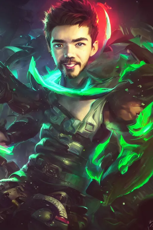 Prompt: a portrait of the YouTuber jacksepticeye in the style of league of legends by Greg Rutkowski, Sung Choi, Mitchell Mohrhauser, Maciej Kuciara, Johnson Ting, Maxim Verehin, Peter Konig, final fantasy , mythical, 8k photorealistic, cinematic lighting, HD, high details, atmospheric,