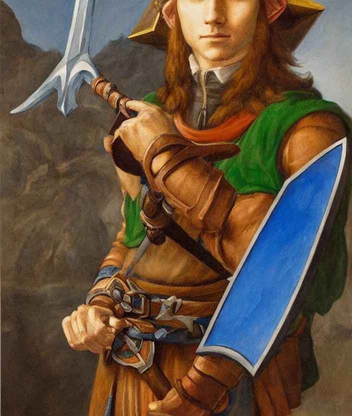 Prompt: oil painting portrait of Link holding the mastersword and the Hyrule shield by Leonardo da Vinci