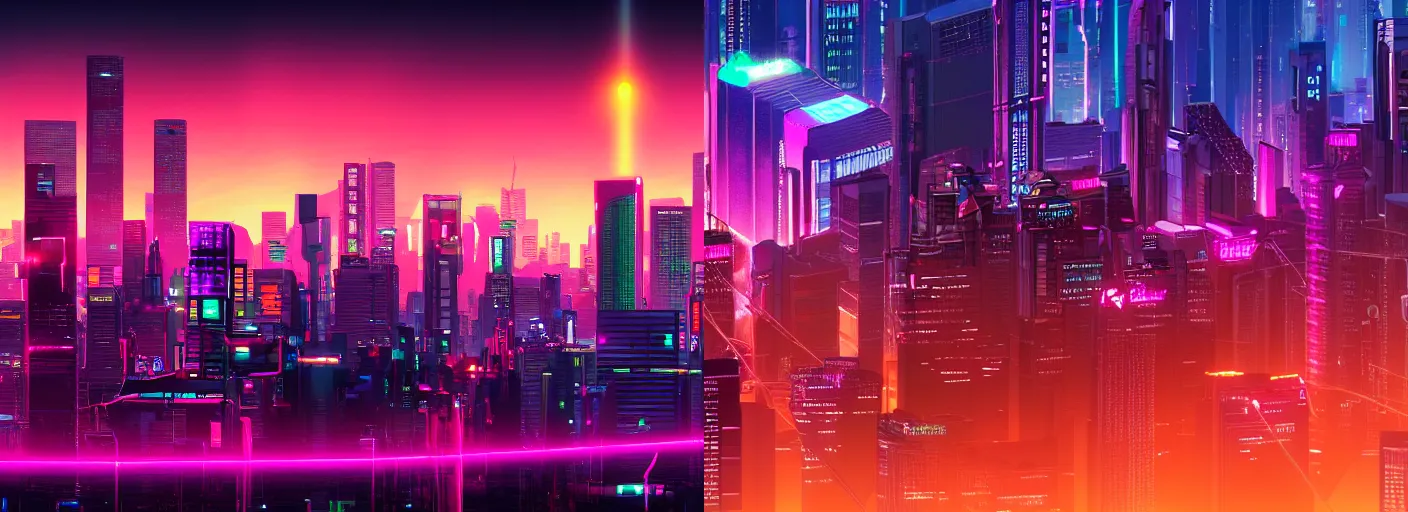 Prompt: synthwave cyber city, trending on ArtStation.