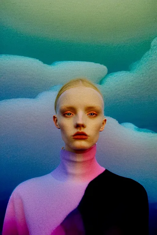 Image similar to high quality pastel coloured film close up wide angle photograph of a model wearing clothing swimming on cloud furniture in a icelandic black rock!! environment in a partially haze filled dreamstate world. three point light, rainbow. photographic production. art directed. pastel colours. volumetric clouds. pastel gradient overlay. waves glitch artefacts. extreme facial clarity. 8 k. filmic.