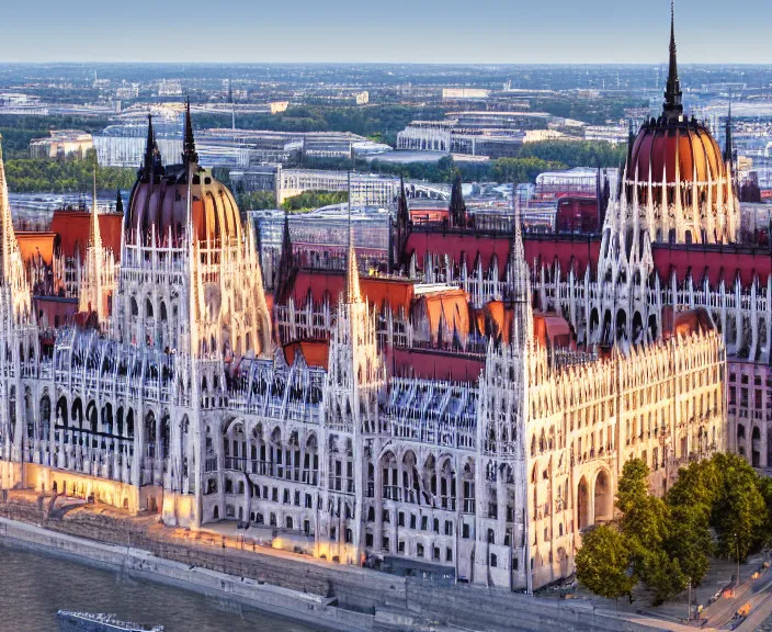 Image similar to 4 k hd, high detail photograph of hungary parliament building, shot with sigma f / 4. 2, 2 5 0 mm sharp lens, wide shot, volumetric lighting, high level texture render