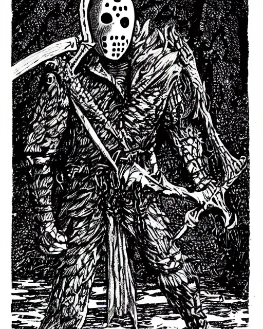 Image similar to Jason Voorhees as a D&D monster, pen-and-ink illustration, etching, by Russ Nicholson, DAvid A Trampier, larry elmore, 1981, HQ scan, intricate details, high contrast