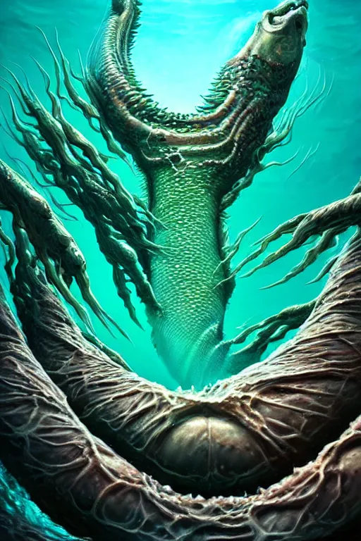 Image similar to hyperrealistic close-up surrealism underwater creature monster!! highly detailed concept art eric zener elson peter cinematic hard green lighting high angle hd 8k sharp shallow depth of field, inspired by David Paul Cronenberg and Zdzisław Beksiński