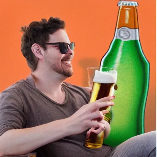 Image similar to A realistic photo of a happy man drinking a beer on the top of a flying whale