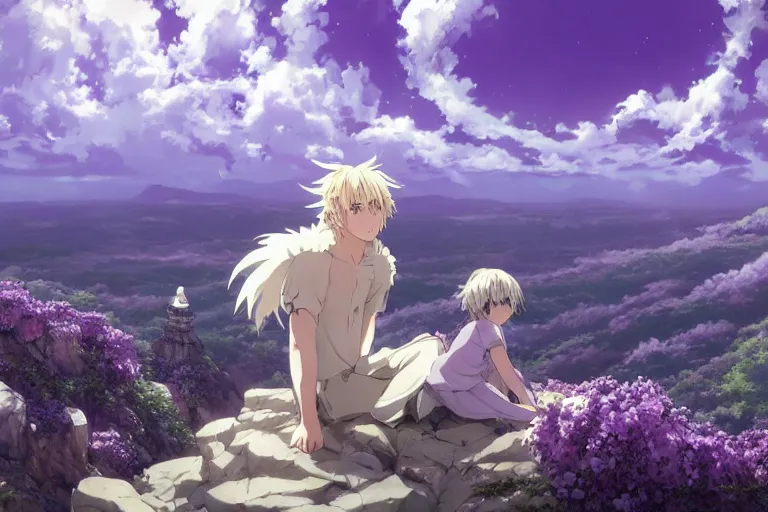 Image similar to a vast scene, panorama distant view, anime art full body portrait character concept art, hyper detailed scene render of a boy and white lion, anime key visual of violet evergarden, finely detailed perfect face delicate features directed gaze, in the white clouds fairyland, trending on pixiv fanbox, violet evergarden, studio ghibli, james jean, extremely high quality artwork