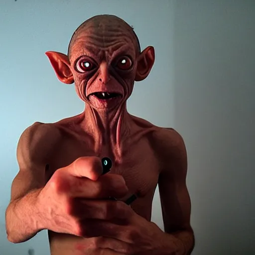 Image similar to Gollum with red eyes smoking blunt selfie