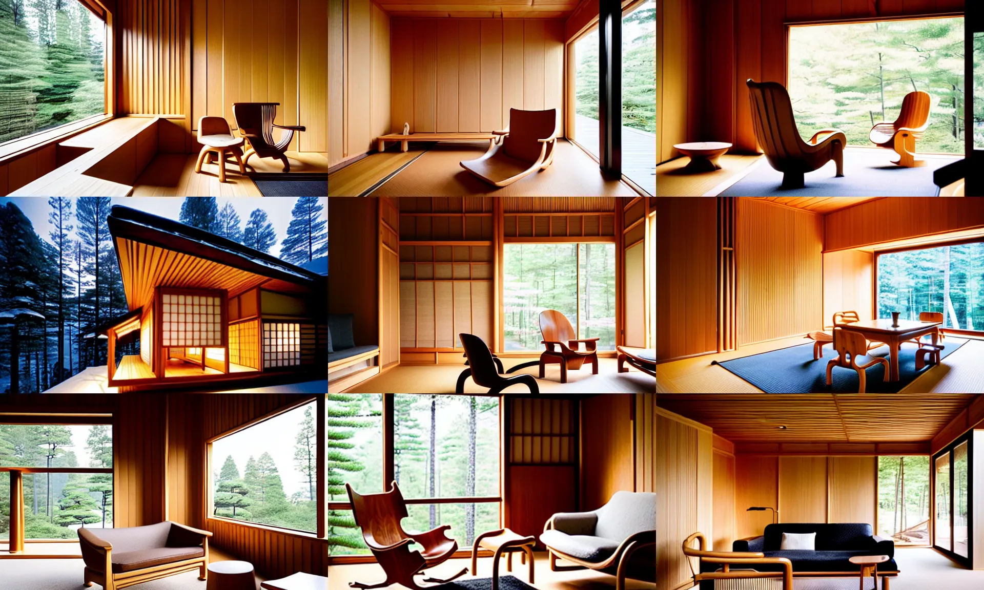 Image similar to luxurious wooden cottage by alvar aalto, modern furnished japanese living room, japanese flower arrangements, coherent composition, extremely detailed furnitures, architecture photography