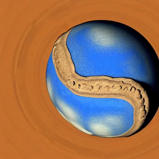 Image similar to A planet in the shape of a bean orbiting a blue star