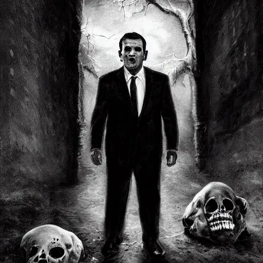 Image similar to Ted Cruz stands alone, the last man on earth, black and white, creepy lighting, scary, horror, ornate, eerie, fear, oil painting