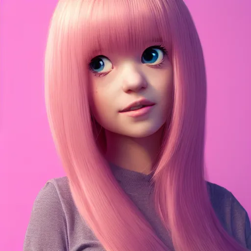 Image similar to A portrait of Nikki from Shining Nikki and Love, a cute 3d cgi toon young woman with long light pink hair, full bangs, hazel eyes, full face, light makeup, pale skin, Chinese heritage, cute outfit, medium shot, mid-shot, hyperdetailed, 8k, trending on artstation, as a Pixar character