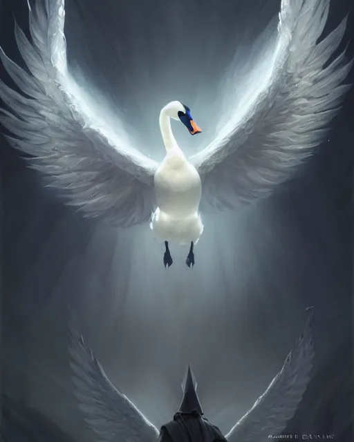 Image similar to Swan, Anthropomorphized, Angelic, Magical, Priest, D&D, artstation, fantasy, magic the gathering artwork, cinematic lighting, centered, symmetrical, highly detailed, digital painting, , concept art, smooth, sharp focus, illustration, volumetric lighting, epic Composition, 8k, art by Akihiko Yoshida and Greg Rutkowski and Craig Mullins, oil painting, cgsociety