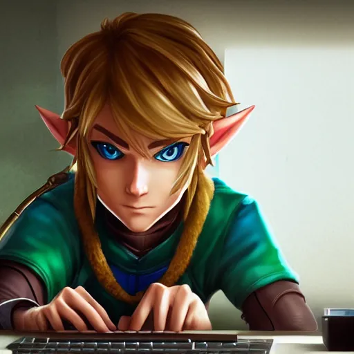 Image similar to Link from Zelda, sitting at a desk programming on a computer, close-up shot, cozy, elegant, realistic character concept, indoor lighting, hyperdetailed, high resolution, insanely detailed and intricate, Yusuke Nakano