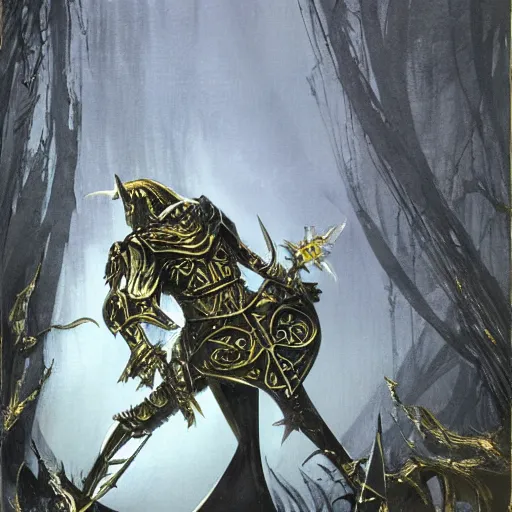 Image similar to elric of melnibone, silver and gold armor, in a metal forests, art by jeff catherine jones