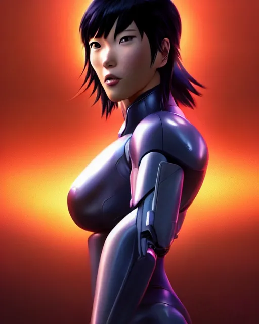 Image similar to weta disney pixar movie still portrait photo of motoko kusanagi the major ghost in the shell : : as cyborg woman by pixar : : by weta, wlop, ilya kuvshinov, rossdraws, artgerm, marvel, maxim cover, latex, octane render, sweaty, iridescent, bright morning, anime, liosh, mucha : :