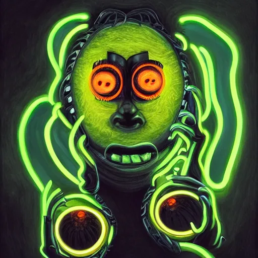 Image similar to a tennis ball monster starring into the camera, fixed eyes, flowing black coat with glowing neon orange trim, inside a museum, colorful, surreal, dramatic lighting, face, detailed, intricate, elegant, highly detailed, digital painting, artstation, chalk, concept art, smooth, sharp focus, illustration, art by basil gogos and sam pratt