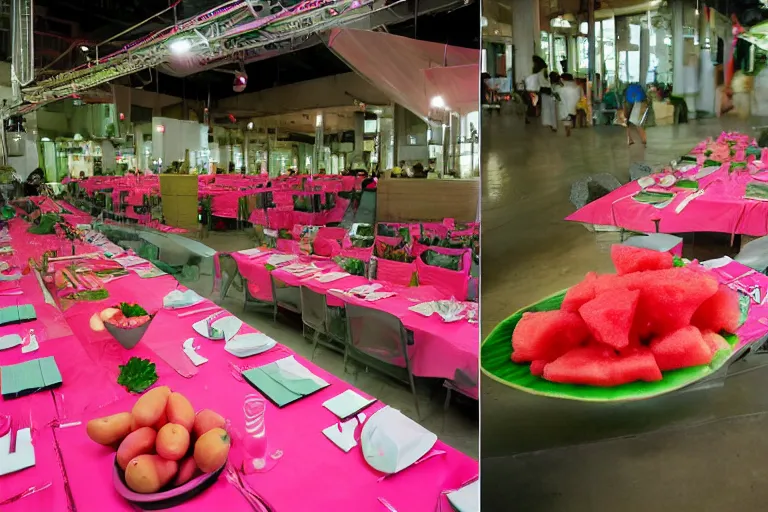 Image similar to 2 0 1 2 watermelon diner, tables repeat endlessly into the horizon, y 2 k cybercore cutecore fruitcore, one point perspective, tyler mitchell photoshoot