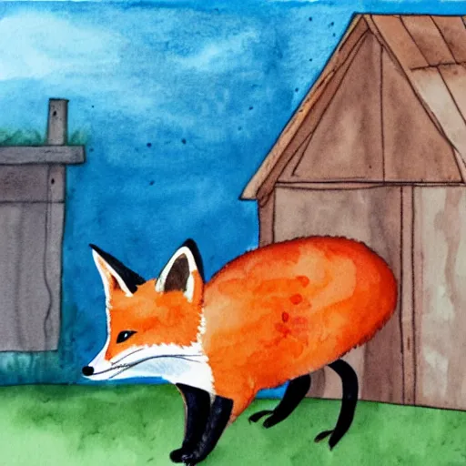 Image similar to a smug red fox in front of a hen house, watercolor illustration,