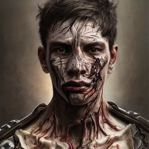 Image similar to portrait painting of a bitter young man with severe burn scars on his cheek and uneven very short hair wearing tattered leather armor, ultra realistic, concept art, intricate details, eerie, highly detailed, photorealistic, octane render, 8 k, unreal engine. art by artgerm and greg rutkowski and charlie bowater and magali villeneuve and alphonse mucha