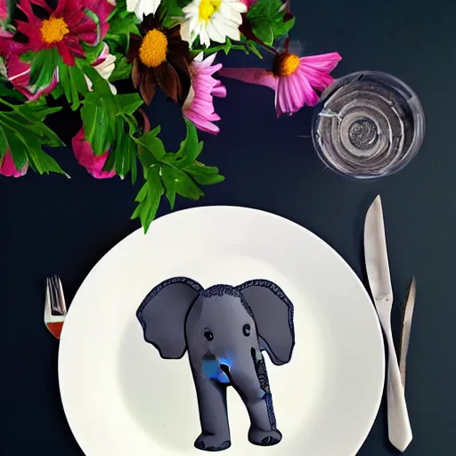 Image similar to a flat elefant on a plate with flowers on top