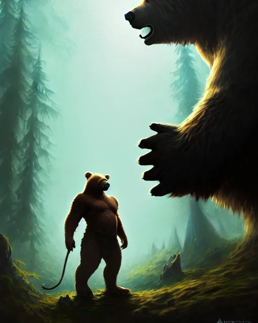 Image similar to Giant Bear scared of mouse, medium shot, D&D, artstation, fantasy, magic the gathering artwork, cinematic lighting, centered, symmetrical, highly detailed, digital painting, , concept art, smooth, sharp focus, illustration, volumetric lighting, epic Composition, 8k, art by Akihiko Yoshida and Greg Rutkowski and Craig Mullins, oil painting, cgsociety