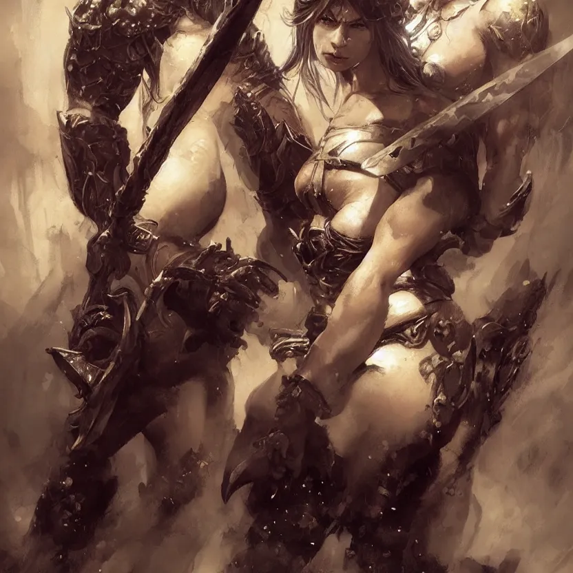 Prompt: A full portrait of a very beautiful berserker woman, holding an oversized sword, by Frank Frazetta, Greg Rutkowski, Boris Vallejo, epic fantasy character art, Exquisite detail, post-processing, masterpiece, cinematic