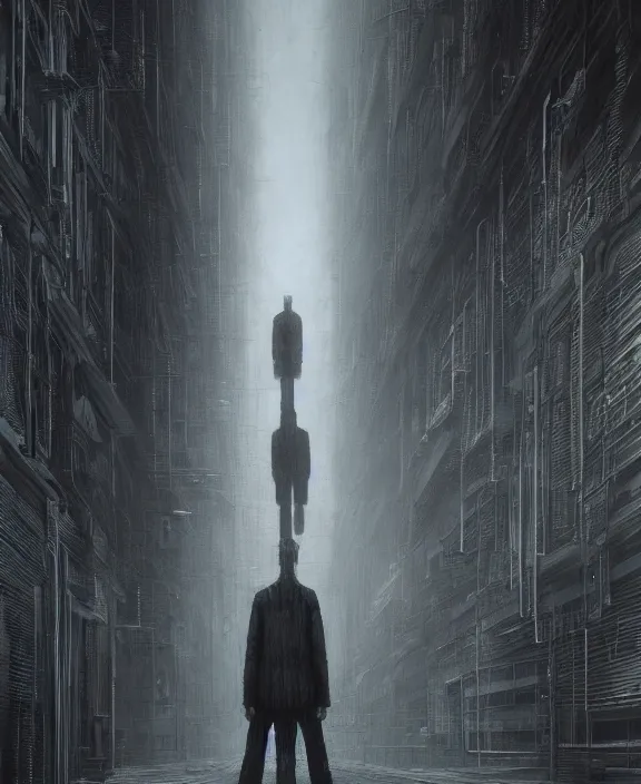 Prompt: a mechanical man in a lab coat standing ominously on a dark and lonely street, by HR Giger and Beksiński and Stephan Martiniere , 4k resolution, detailed, trending on artstation