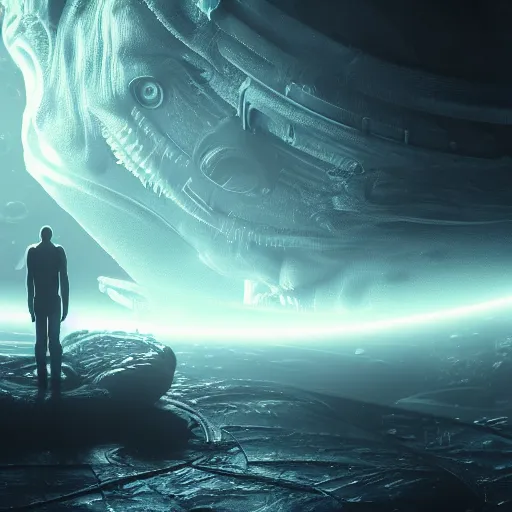 Image similar to a horrified man on a spaceship face to face with an alien from another galaxy, volumetric lighting, 8 k octane beautifully detailed render, post - processing, extremely hyper - detailed, intricate, epic composition, cinematic lighting, masterpiece, trending on artstation, detailed detailed detailed, masterpiece, beautiful cinematic light,