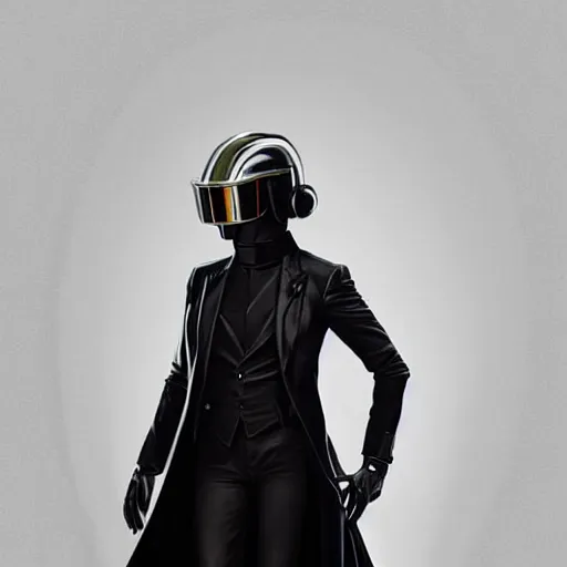 Image similar to painting Daft Punk member wearing long black coat, elegant, intricate, highly detailed, digital painting, artstation, concept art, sharp focus, illustration, art by artgerm and greg rutkowski and alphonse mucha