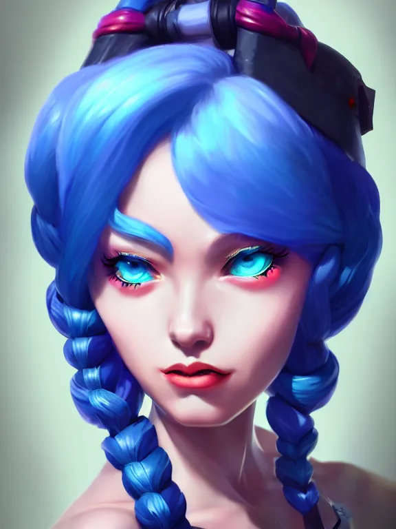 Image similar to a League of Legends FAN ART Portrait of JINX The Loose Cannon, blue hair, long pigtail, intricate, elegant, highly detailed, digital painting, concept art, smooth, sharp focus, illustration,artstation,deviantart,Unreal Engine,face enhance,8K,golden ratio,cinematic lighting