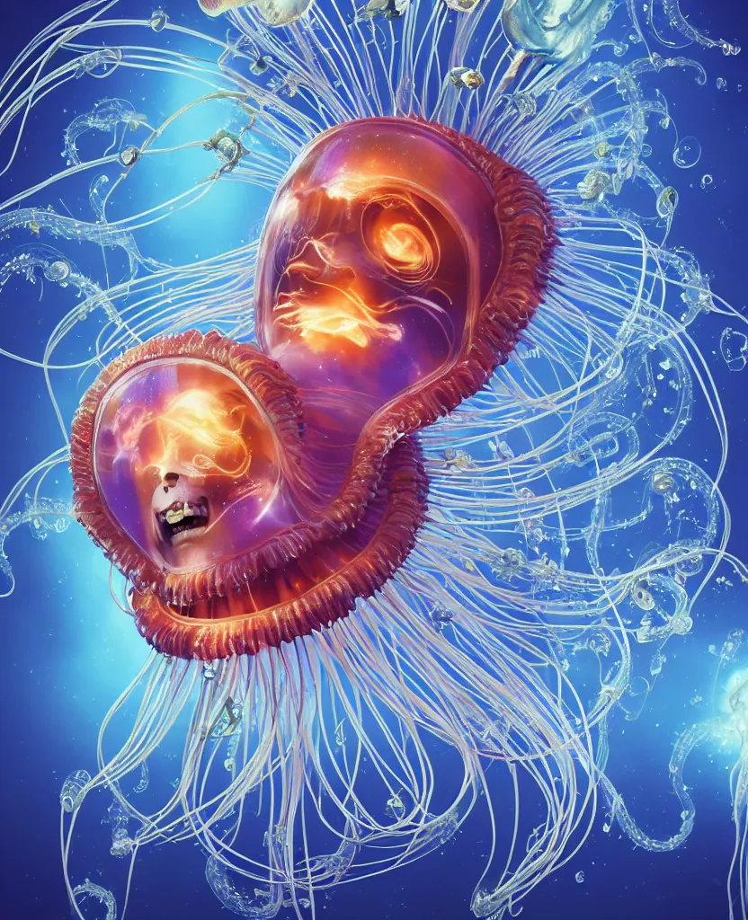 Image similar to close-up portrait of the face of a beautiful princess in a twisted flowers jellyfish mask in a spaceman suit surrounded by energy flow, epic angle and pose, symmetrical artwork, 3d with depth of field, blurred background, floating jellyfish skull phoenix bird, translucent, nautilus, energy flows of water and fire. a highly detailed epic cinematic concept art CG render. made in Maya, Blender and Photoshop, octane render, excellent composition, cinematic dystopian brutalist atmosphere, dynamic dramatic cinematic lighting, aesthetic, very inspirational, arthouse. y Greg Rutkowski, Ilya Kuvshinov, WLOP, Stanley Artgerm Lau, Ruan Jia and Fenghua Zhong