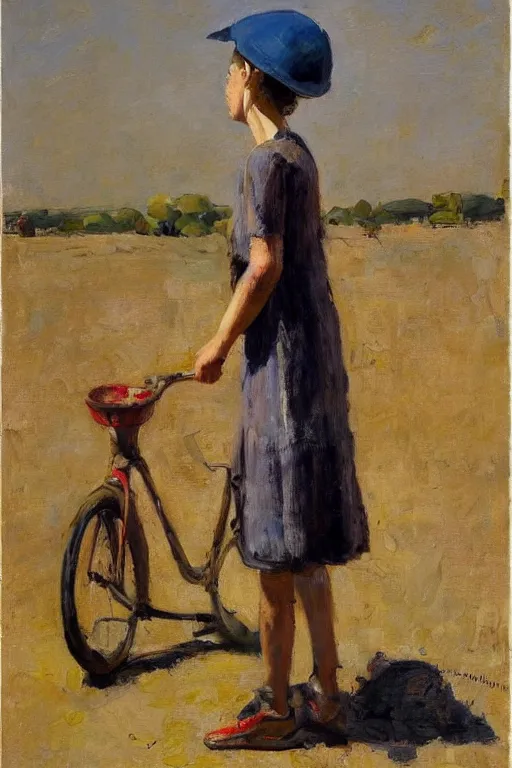 Image similar to girl with summerhat, standing next to bicycle, joseph todorovitch