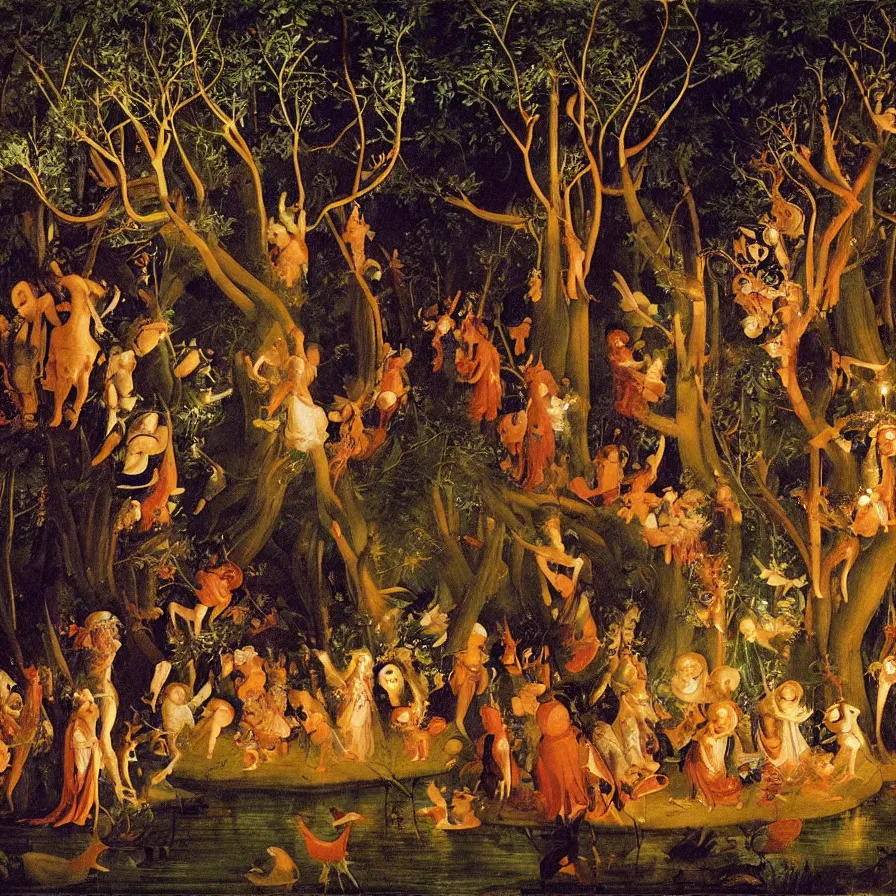 Image similar to renaissance painting of a night carnival around a magical tree cavity, with a surreal orange moonlight and fireworks in the background, next to a lake with iridiscent water, christmas lights, folklore animals and people disguised as fantastic creatures in a magical forest by summer night, masterpiece painted by coby whitmore, scene by night, dark night environment, refraction lights, glares