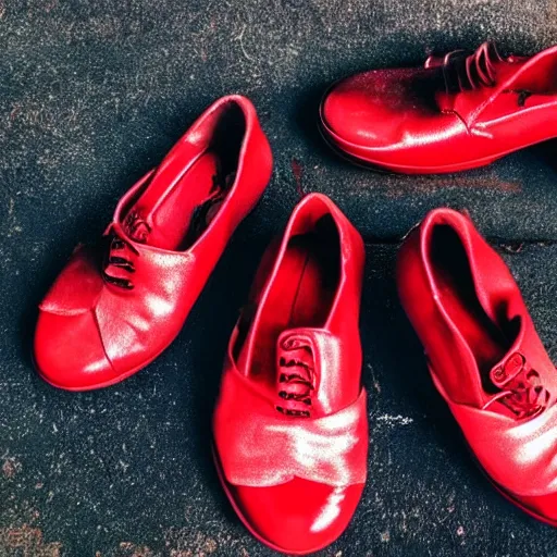 Prompt: 4 people, some guns, reality is collapsing, what the hell is this? red shoes, and some vegan food