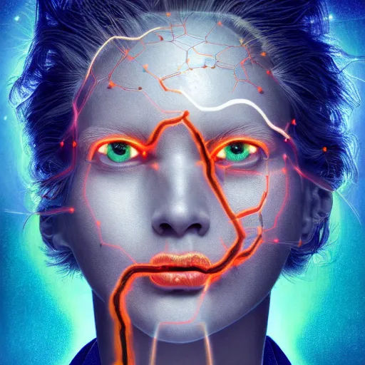 Image similar to I've discovered life, scientist, ecstatic, infinite power, manic, perfect eyes, full body shot, chemical structures, atoms, molecules, portrait, energized face, noble, transformation, vivid colors, elegant, concept art, sharp focus, digital art, Hyper-realistic, 4K, Unreal Engine, Highly Detailed, HD, Dramatic Lighting by Brom, trending on Artstation