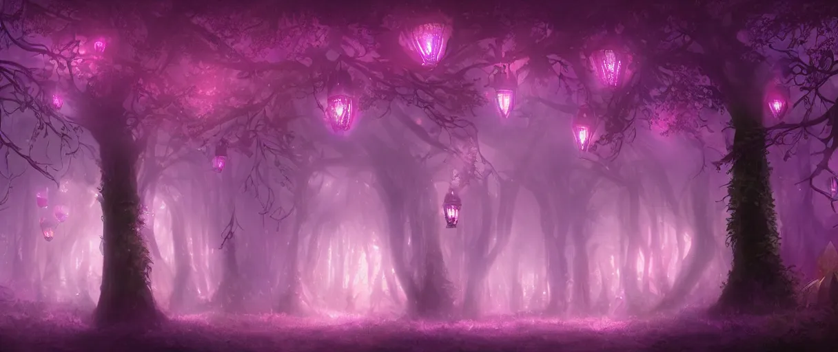 Image similar to a digital painting of a magical fantasy forest, large magical trees, magical flowers, hanging lanterns, volumetric lighting, mystical, evening, concept art, trending on artstation, matte painting, high detail, high quality, pink/purple colour scheme
