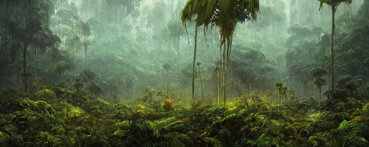 Image similar to ” outer planet with misty jungle, [ moist, wet, lush, cinematic, detailed, epic, widescreen, opening, establishing, mattepainting, photorealistic, realistic textures, octane render, art by paul lehr ] ”