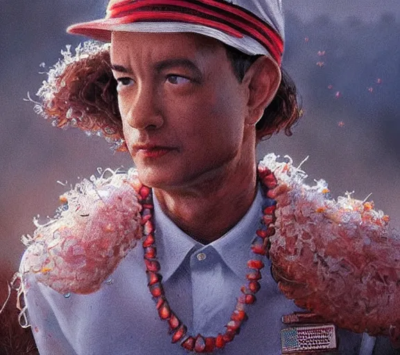 Prompt: Tom hanks as forrest gump wearing a necklace made out of shrimps around the neck, realistic face, digital art, in the style of Raphael Lacoste, amazing detail, artstation, long shot