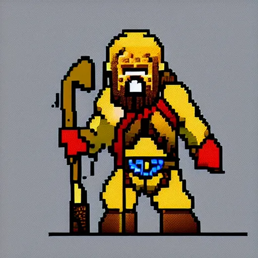 Prompt: dwarf knight holding a pickaxe, pixelart, 2D character design